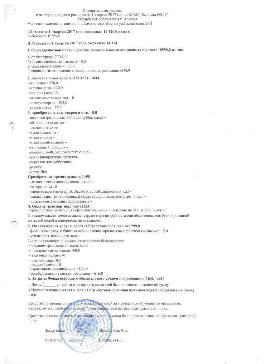 Отчет о доходах и расходах за 1кв 2017г