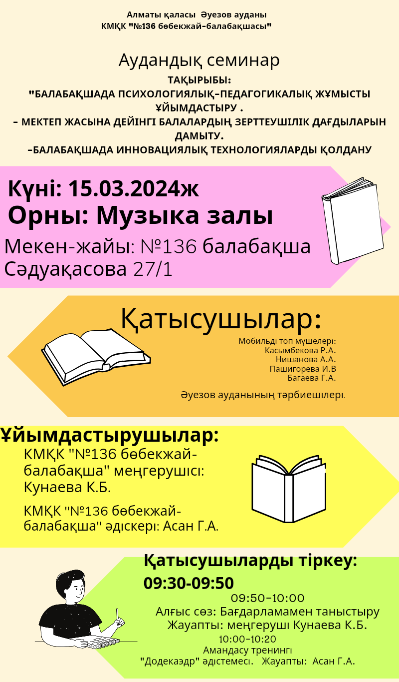 Аудандық семинар.Тақырыбы: "Балабақшада психологиялық-педагогикалық жұмысты ұйымдастыру". -Мектеп жасына дейінгі балалардың зерттеушілік дағдыларын дамыту. - Балабақшада инновациялық технологияларды қолдану.