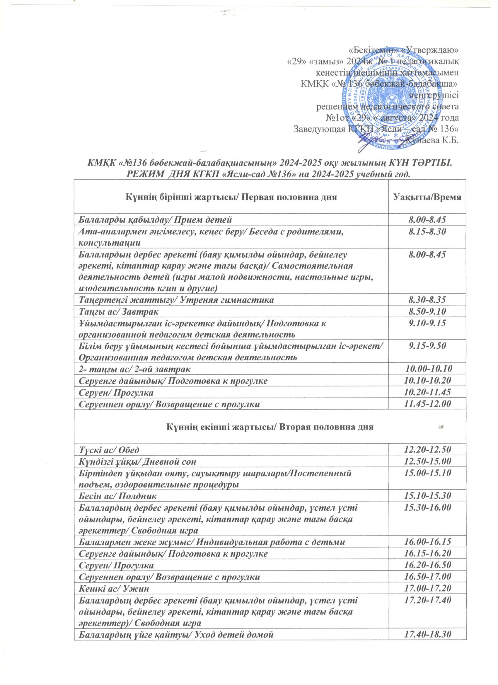 КМҚК "№136 бөбекжай-балабақшасы" 2024-2025 оқу жылының КҮН ТӘРТІБІ.